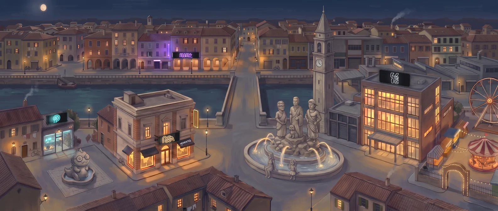 Memento visto dall'alto di notte: il mondo sull'acqua, il salone con la sua insegna, la fontana in piazza, la fabbrica YAC col luna park.